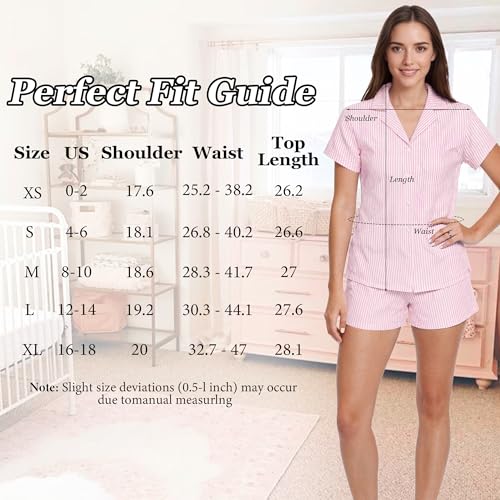 Image of Ammiko Womens Pajamas Set Y2k Loungewear Pajama Button Down Top and Shorts Monkey Beach Short Sleeve Preppy Sleepwear Pink Stripe XL