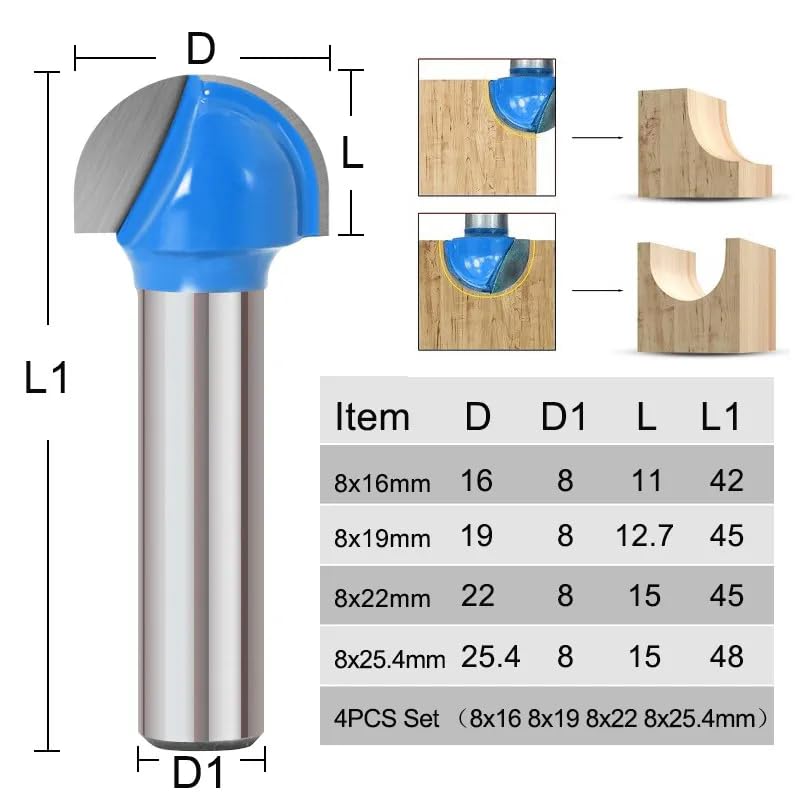 Frez kulisty z chwytem 8 mm z węglików spiekanych, frez do drewna z rdzeniem do frezowania przycinania(4pcs)