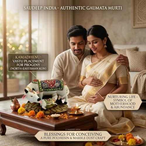 Image of SAUDEEP INDIA Decorative Resin Cow and Calf Idol for Home Decor & Vastu | Auspicious Kamdhenu Cow Showpiece with Rakhi for Brother | Raksha Bandhan Gift for Bhai | Spiritual Decorative Figurine