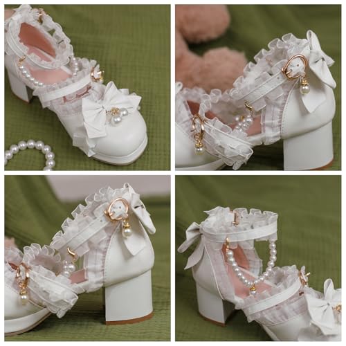 Parisuit Womens Kawaii Lolita Pearl Bow Shoes Mary Jane Cute Platform Heels Chunky Heel Ankle Strap Pumps4
