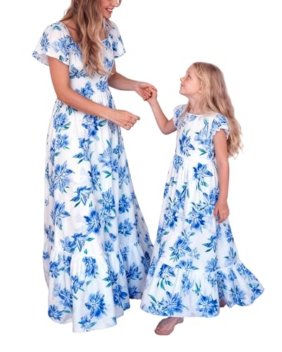 Mommy and Me Matching Dresses Summer Floral Boho Ruffled A-Line Beach Maxi Dress with Pockets (US Age 8 Years 9 Years Blue)