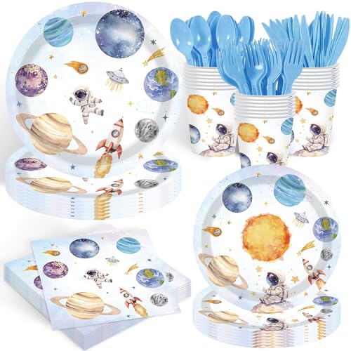 140PCS Space Themed Paper Plates Party Supplies Decorations Birthday Paper Plates First Trip Around The Sun Astronaut Planet Cake Plate Tableware Dinner Set for Boys Girls Birthday Shower
