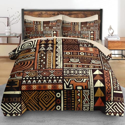 Pamnest Comforter Set Queen Size, Vintage Tribal African 7 Pcs Bedding for Kids and Adults, Brown Abstract Patchwork Bed Sheet Sets with Fitted Sheet 2 Pillowcases & 2 Shams