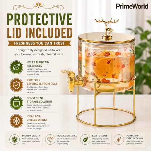 Image of PrimeWorld Glass Beverage Dispenser - 2.6 litres | Vintage Drink Dispenser Jar with Tap & Lid | Ideal for Juice, Water, Iced Tea, Lemonade & Party Beverages
