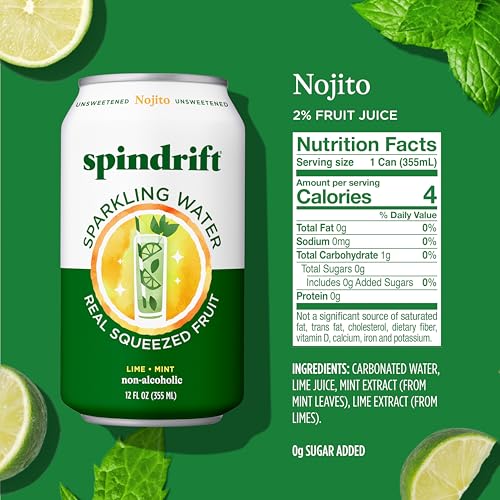 Image of Spindrift Sparkling Water, Nojito Flavored, Made with Real Squeezed Fruit, 12 Fl Oz Cans, Pack of 24 (Only 4 Calories per Can)
