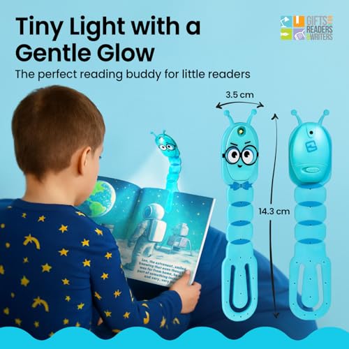 Image of Gifts for Readers & Writers Book Light for Kids, Clip On Reading Light for Bed, 2in1 Flexilight Pals & Bookmark, Small & Lightweight with a Soft Glow, 2 Batteries Included, Bookworm Teal