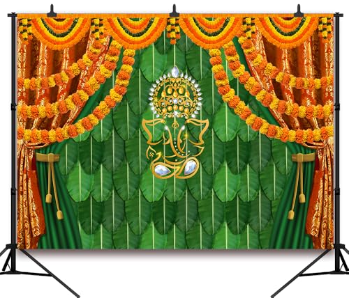 Image of 7x5 FT India Pooja Traditional Backdrop Indian Decorations for Pooja Banana Leaf Green Chatiya Ganesh Puja Ganpati Mehndi Photography Background Ganpati Wedding Party Photo Booth Props