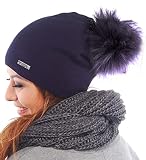 Unbekannt Damen Mütze Winter I Frauen Beany Strickmütze I Beanie mit KunstFellbommel Herbst Winter Bommelmütze mit großem Kunstfellbommel (Blau)