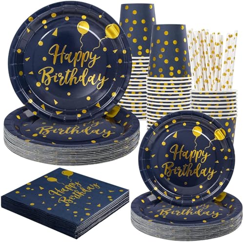 Yidaxing Blu Navy e Oro Stoviglie, 120pcs Piatto di Carta Tovagliolo Tazza di Carta per Ragazzo per Feste Compleanni, Matrimoni Anniversari, Feste di Laurea, 24 Ospiti