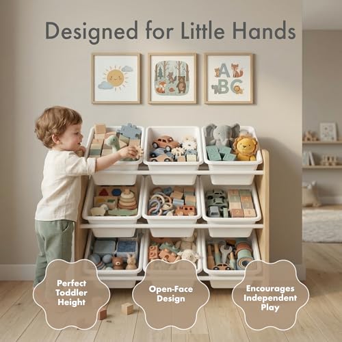 Image of Humble Crew Toy Storage Organizer with 9 Removable Storage Bins for Kids Playroom, 3-Tier Toy Organization, Natural Wood /White