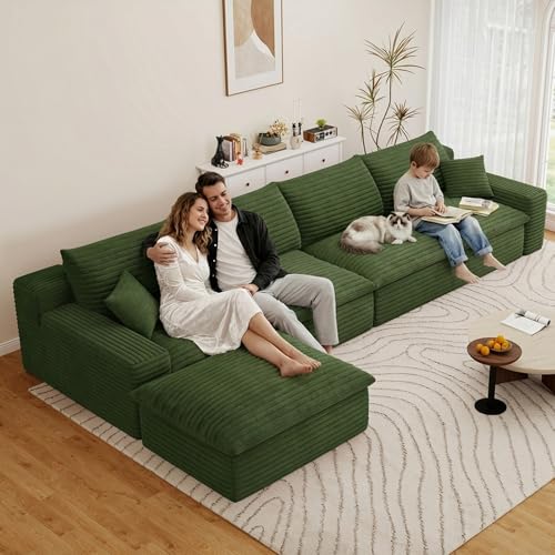 Image of 136 inch Cloud Couch Modular Sectional Sofa for Living Room, L-Shape Boneless Couch with Deep Seat, Modern Corduroy 6-Seater with Ottoman, No Assembly Required,Green