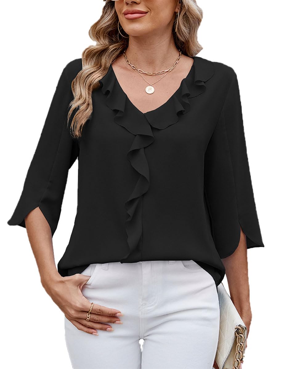 ABINGOO Donna Chiffon Camicetta 3/4 Manica Scollo a V Volant Tunica Tinta Unita Elegante Lavoro Tops