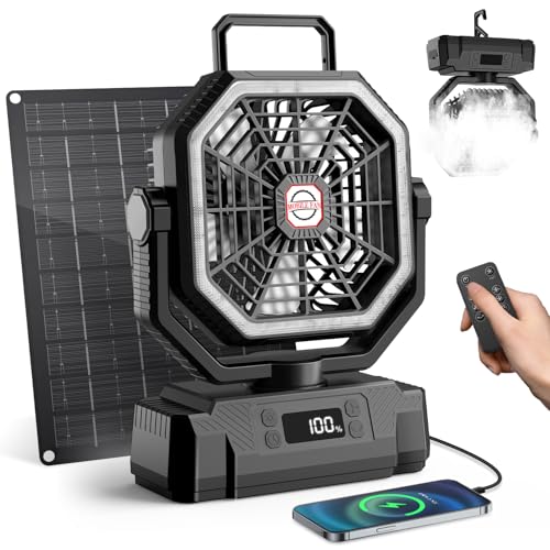 Ventilador Camping con Panel solar de 10 W, Pantalla Digital,Batería de 20000 mAh,Oscilación 270°,Control Remoto,Temporizador, luz LED,Gancho,Ventilador USB Portatil para Exterior y Hogar (Negro)