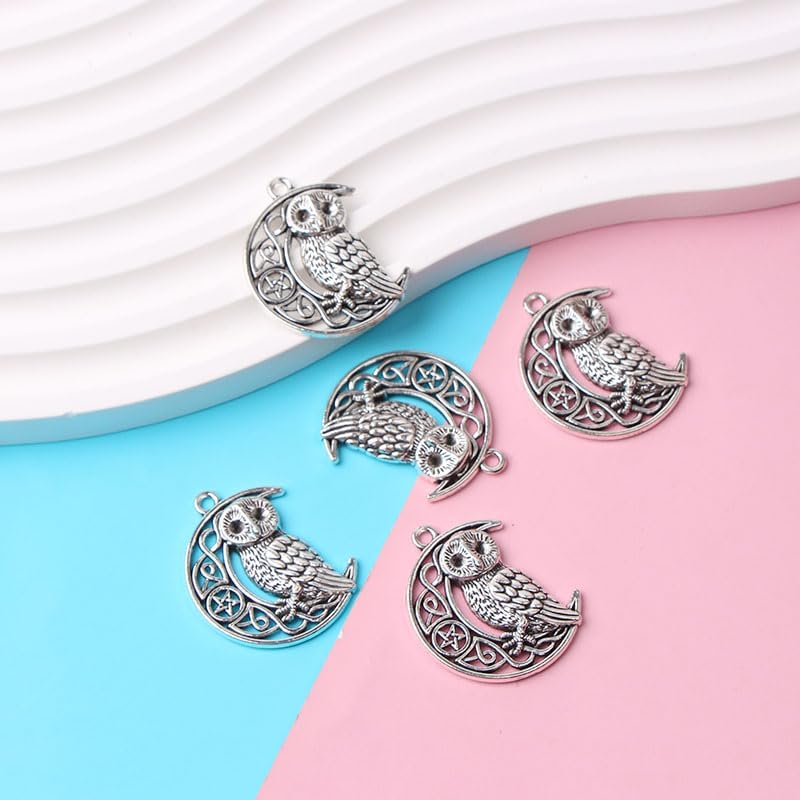 25Pcs Antique Silver Carved Moon Owl Pendant Charms Intricate Design for DIY Jewelry Making for Necklaces Bracelets and Earrings 26 x 33 mm - Image 7