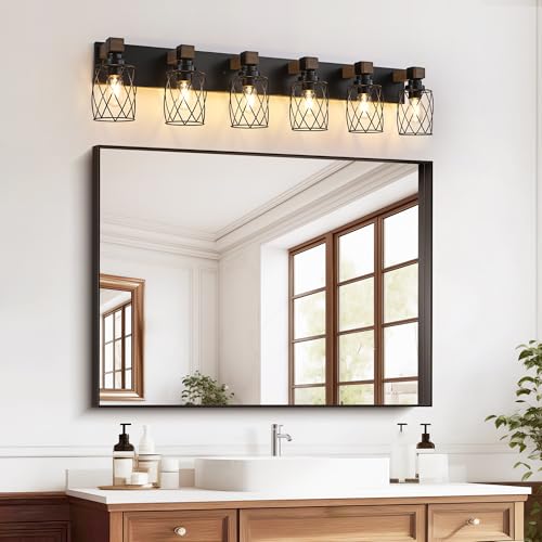 Image of Farmhouse 6-Light Wood Bathroom Vanity Light, Black Metal Cage Shade | Mounted Over Mirror, Industrial Rustic Style, Ideal for Bathroom, Bedroom, Hallway & Living Room, Easy To Install