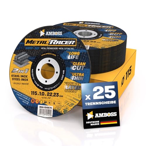 25x Metall-Trennscheibe Ø 115 x 1 x 22.23mm - Die Metalltrennscheibe Metal Racer by AMBOSS WERKZEUGE ist geeignet für Stahl & Edelstahl Stahl/Inox Trennscheibe 115 passend für Winkelschleifer