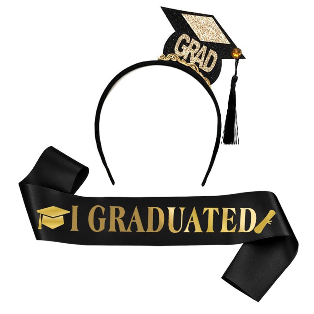 DSGUO Grad Cap Headband and Graduated Sash,Tiny Graduation Hat Headband Bachelor Cap Headband with Doctoral Hat Black Tassels for Graduation Party Dress up Favor Photo