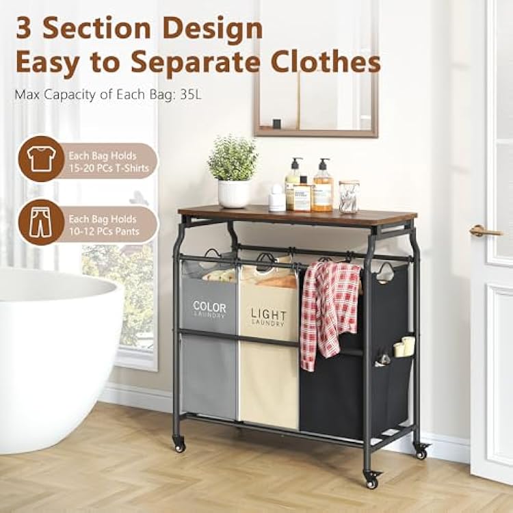 Hoctieon 3 Section Laundry Sorter Cart with Ironing Board, Laundry Hamper Basket with Shelf and Wheels, Heavy Duty Clothes Organizer, Large Clothes Separator with Removable Bags, Black+Gray+Beige