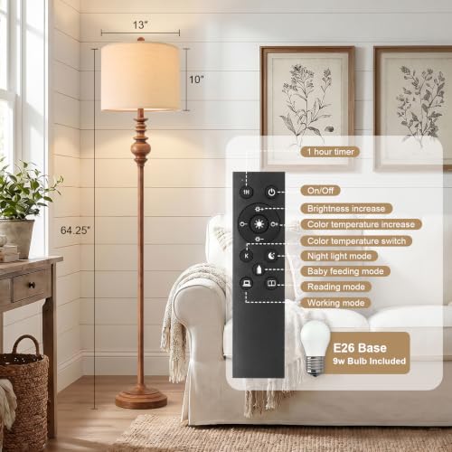 Image of BOBOMOMO 64.25 inch Farmhouse Floor Lamp with Remote, Dimmable Floor Lamp with Adjustable Color Temperatures, Tall Rustic Standing Lamp for Living Room Corner, Bedroom & Nursery, 9W Bulb Included,Brown