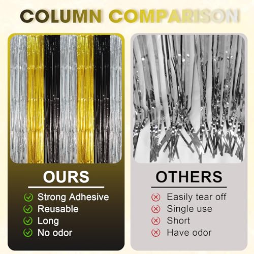 Image of Voircoloria 2 Pack Black Gold Silver Foil Fringe Backdrop Curtains, Tinsel Streamers Party Decorations, Fringe Backdrop, Door Shimmer for New Years or Birthday Party