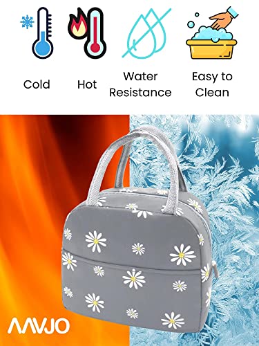Image of Aavjo Insulated Waterproof Lunch Bag Women Girls, Reusable Cute Tote Lunch Box for Adult & Kids, Leakproof Cooler Lunch Bags for Work Office Travel School Picnic (Grey Flower)