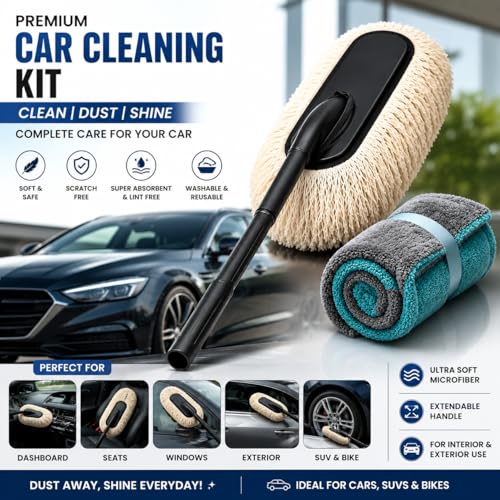 Image of 1200 GSM Microfiber Cloth | Microfiber Car Duster | 2 in 1 Car Cleaning Kit | Super Absorbent, Scratch Free Car Dust Cleaner with Extendable Handle for Dashboard, Interior, Exterior, SUV & Bike.