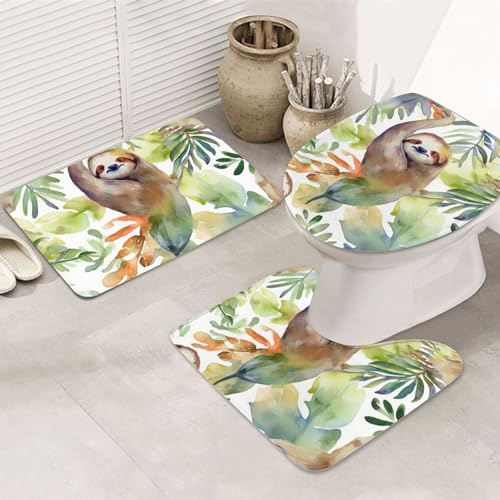 Dwrepo Watercolor Sloth Print Bathroom Rug Set 3 Piece with Non-Slip U-Shaped Contour Mat and Toilet Lid Cover for Bathroom Decoration