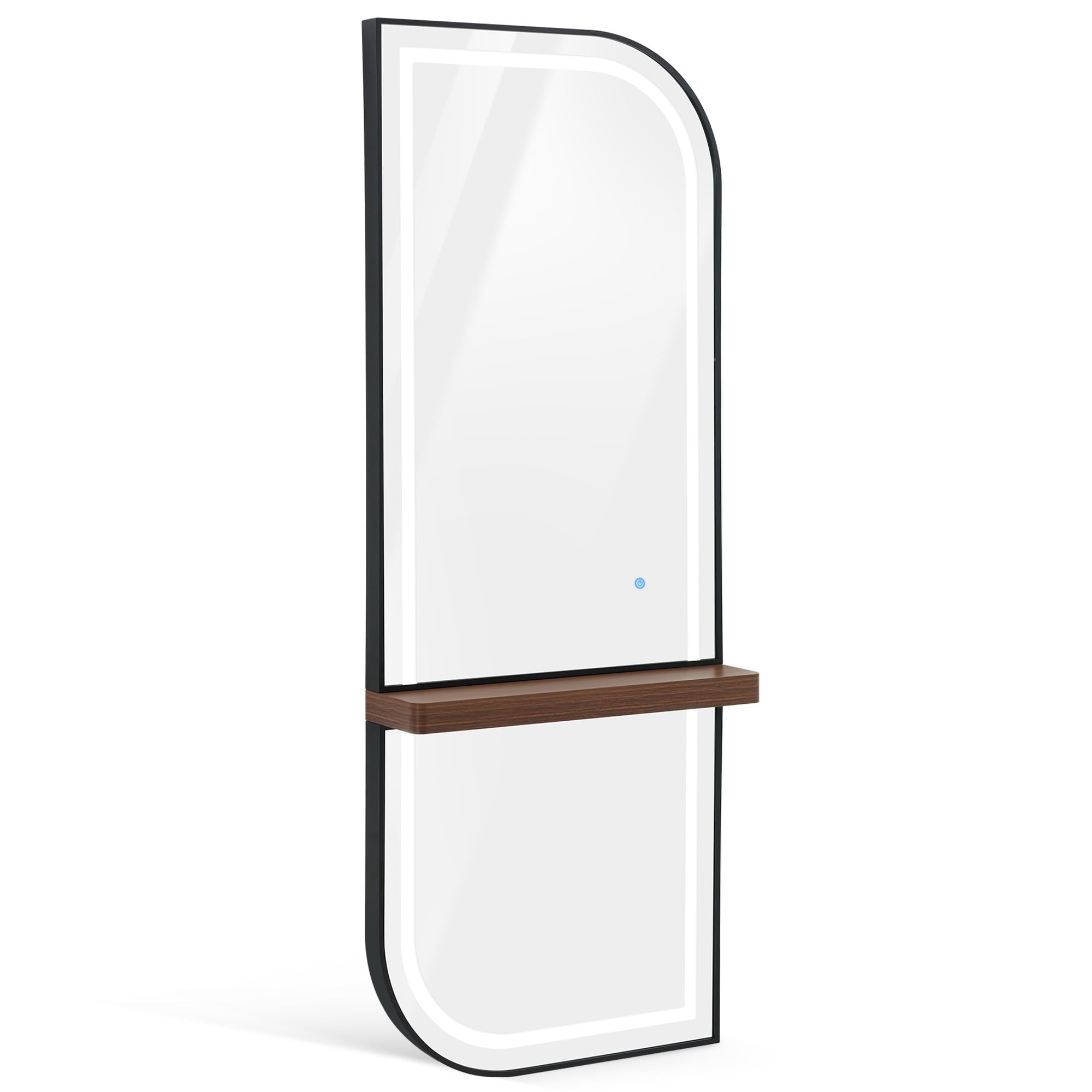 Barberpub Specchio parete con luce, intero cornice alluminio, grande con mensola, touch, 3 colori dimmerabili, per parrucchiere, 17x65x170 cm, J6298 (Nero-marrone)