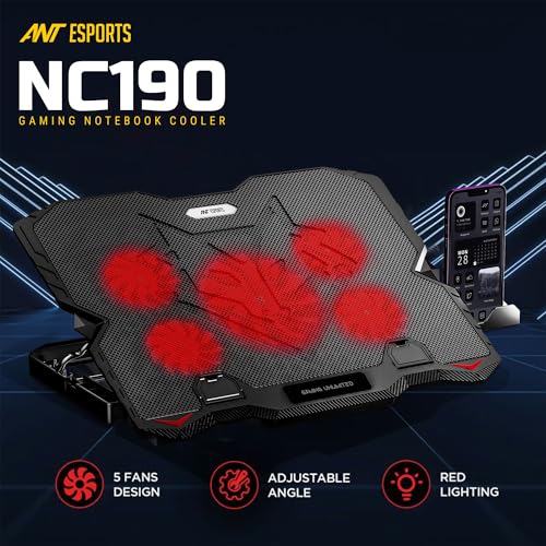 Ant Esports NC190 Laptop Cooling Pad Laptop Cooler with Mobile Holder 1 * 1 125mm and 4 * 1 60mm Quite Red Fans LED Display Laptop Holder 5 Height... - Image 5