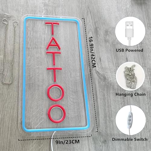 Image of LED Arylic Tattoo Neon Sign for Tattoo Shop Door Wall Light up Decor,Reusable and Dimmable Tattoo Gifts for Tattoo Lover,Tattoo Decor Shop Sign Open,16.5x9In