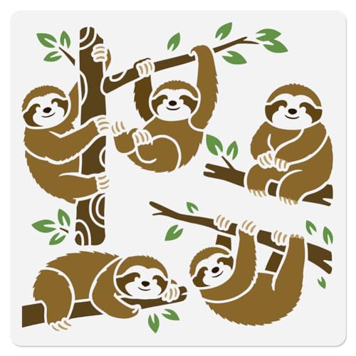 DOODLREAM 4 variantes lindo perezoso plantilla para pintar, 30 x 30 cm, reutilizable perezoso en rama, animales DIY DIY pintura plantilla para pared accesorios para el hogar