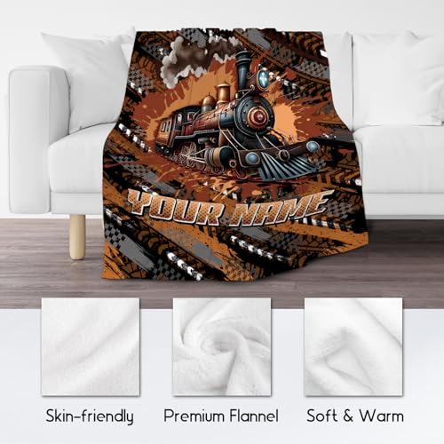 Custom Blankets for Boys Train Blanket Gifts - 4 Sizes Cozy Soft Flannel Throw for Kids Teens