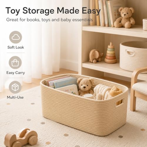 Image of 12.8GAL Small Cute laundry basket for nursery, Boho Square storage basket for Living Room Decor, Kids Girls Boys Toys Stuffed Animal Decorative Short Hamper for Dirty Clothes, Bath Towel,Shoes Oatmeal