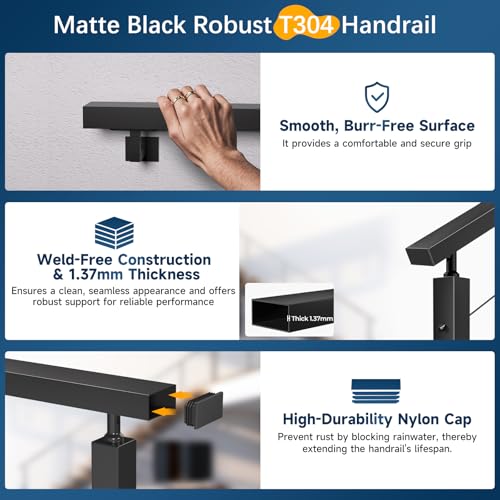 Image of 7FT Stainless Steel T304 Black Handrail, 3 Pack Rectangular Tube Cable Railing Handrail with Plastic End Caps, Flat Top Rail for Indoor Outdoor Deck Stair Cable Railing System DIY Balustrade