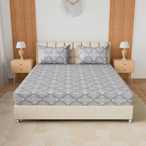Image of LINENWALAS 100% Cotton 200 TC Double Fitted Sheet with 2 Pillow Covers | 360 Elastic Bedsheet with 4-8 inch Deep Pocket - Soft Breathable Bedding (72x72 inch, Royal Mosaic)