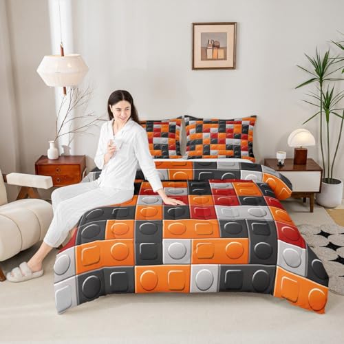 Image of Feelyou Building Blocks Brick Comforter Set King Size Bedding | Toddler Duvet Set Room Decor 3Pcs Orange Black Warm Cozy Breathable Lightweight All Season