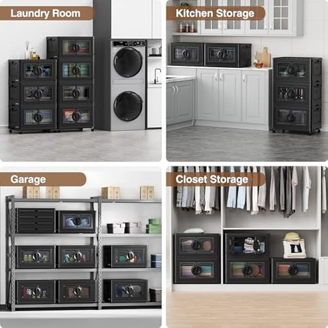 V9 112Gal Storage Bins with Lids, Stackable Collapsible Storage Bins with Wheels, Closet Organizers and Storage, Folding Plastic Cabinet with Doors for Home Office Garage, 4Pack Black