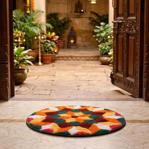 Image of Rangoli (60x60 cm) Super Soft Microfiber Decorative Mat Anti-Skid Door Mats for Home /Bathroom Mat /Bedroom /Kitchen /Floor Mat (Green & Orange)