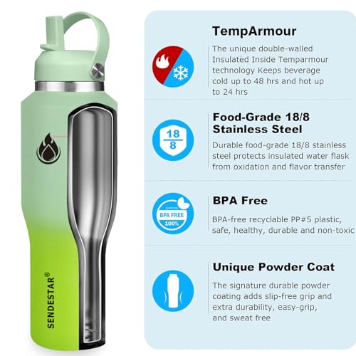 Image of SENDESTAR SENDESTAR 40oz Stainless Steel Water Bottle(Cold for 48 Hrs, Hot for 24 Hrs),Double Wall Vacuum Insulated Bottle with Straw Lid, Spout Lid and Flex Cap, Fit in Any Car Cup Holder