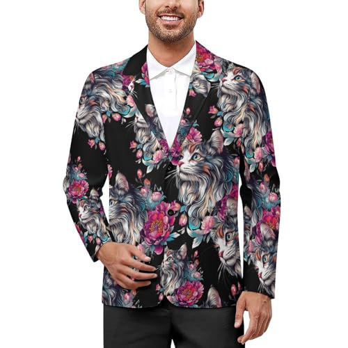 Boho Cute Cat Flowers Men's Suits Business Formal Suit Dress Print Jackets Casual Wedding Party Coat