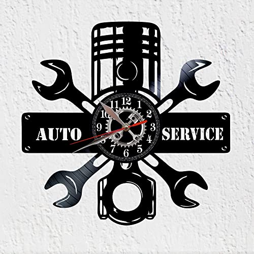 VINY WOODY Auto Service Vinyl Record Clock Car Workshop Motorcycle Workshop Wall Decoration, Black/White