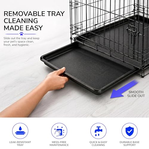 Image of PETJOY Foldable Metal Dog Cage | Dog Crate Kennel for Puppies, Small Dogs, Cats & Rabbits | Single Door with Secure Lock, Removable Leak-Proof Tray | Portable & Easy to Clean Pet Cage (Black, 18 INCH)