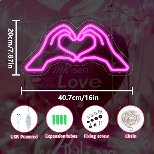 Image of Heart Hands Neon Sign for Wall Decor, Pink Love Hand Neon Light with Dimmer and USB, Gift for Girls Led Light Up Sign for Bar, Hotel, Cafe, VIP Room, Home Decoration