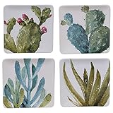 Cactus Verde Set of 4 Square 8.5' Ceramic Salad/Dessert Plates – Assorted Watercolor Cactus Designs – Southwestern-Inspired Tableware for Snacks, Appetizers, and Entertaining