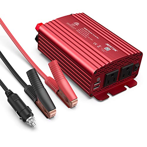 BESTEK 500W Power Inverter DC 12V to 110V AC Converter with Alligator Battery Clamp 4.8A Dual USB Car Charger ETL Listed Red