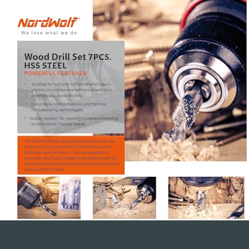 NordWolf 7-Piece HSS Brad Point Stubby Wood Drill Bit Set with 1/4" Hex Shank for Carpenter Woodworking, SAE Sizes 1/16"-3/32"-1/8"-3/16"-1/4"-5/16"-3/8" by NordWolf - Image 5