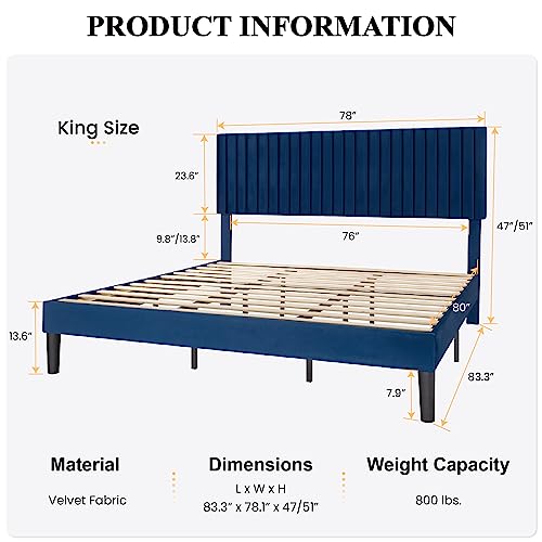 Image of SHA CERLIN King Upholstered Platform Bed Frame with Vertical Channel Tufted Velvet Fabric Adjustable Headboard, Wooden Slats Support, Mattress Foundation, Box Spring Optional, Blue