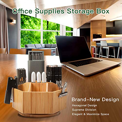 Houtingmaan Bamboo Office Supplies Organizer, 360 Degree Rotating Organizer with 7 Sections for Office Stationary, Like Pens, Marking Pens, Book Sewer, Knife, Clips, Sticky Notes and Calculator.