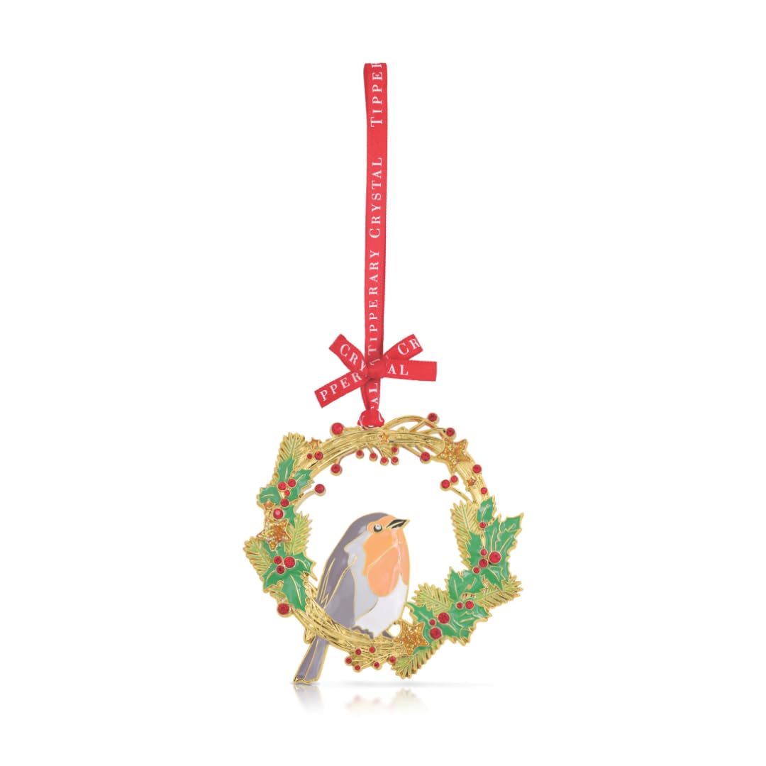Tipperary Crystal Luxury Sparkle Hanging Decoration - Robin & Wreath Christmas Design in Star Gift Box - Perfect for Holiday Décor & Gifting