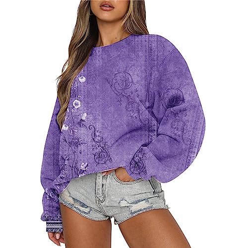 Amikadom Roupas femininas de gola redonda com estampa de caimento relaxado para mulheres manga longa